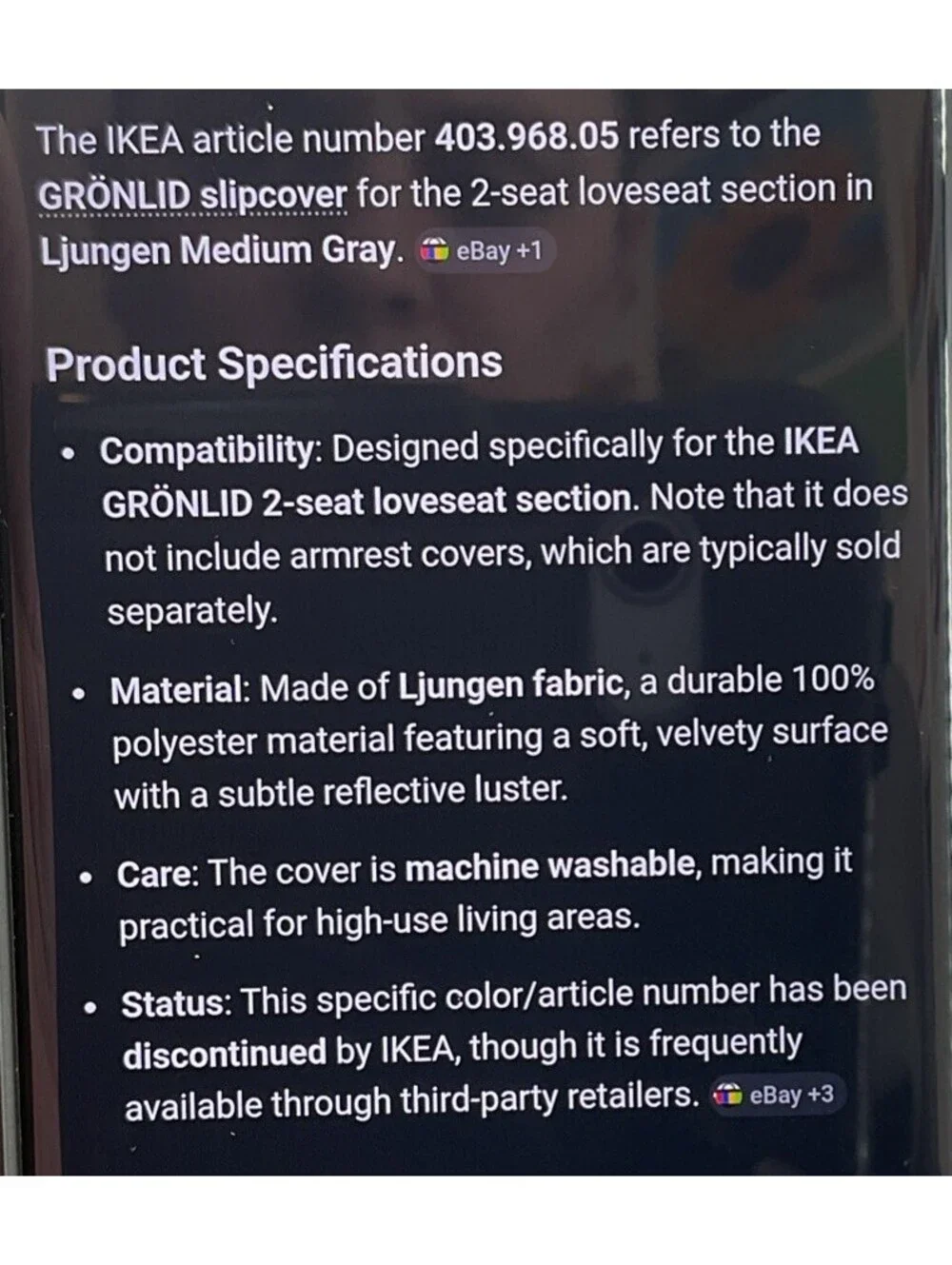 IKEA GRÖNLID Sofa Cover Gray 403.968.05 (see Part Number And Pics)